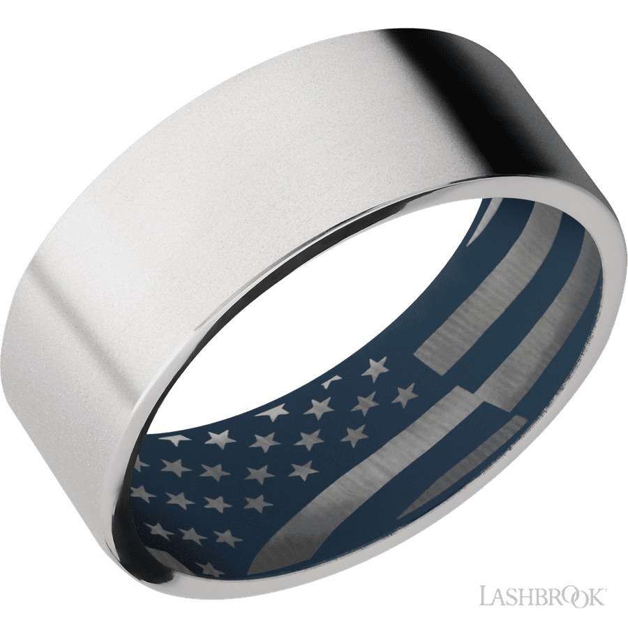 8 mm wide Flat Cobalt Chrome band featuring a Navy Blue sleeve.