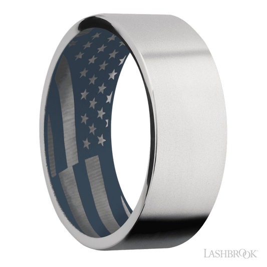 Lashbrook 8mm Flat Cobalt Chrome Wedding Band — Navy Blue Sleeve