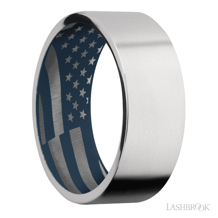 8 mm wide Flat Cobalt Chrome band featuring a Navy Blue sleeve.
