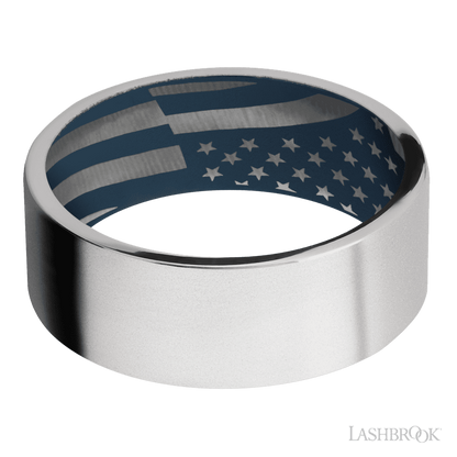 8 mm wide Flat Cobalt Chrome band featuring a Navy Blue sleeve.
