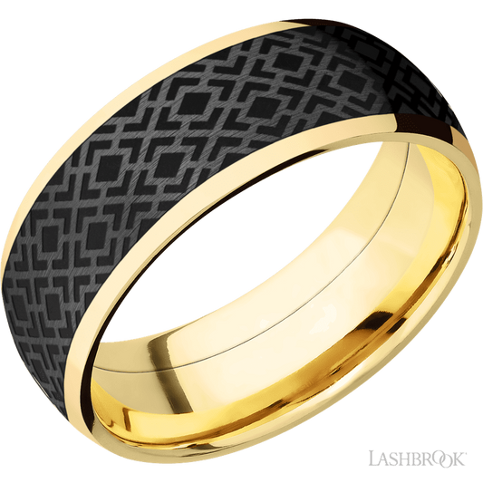 8 mm wide/Domed/14K Yellow Gold band with one 6 mm Centered inlay of Zirconium with a laser carved Trellis 2 pattern.