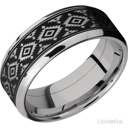 8 mm wide/Beveled/Cobalt Chrome band with one 6 mm Centered inlay of Tantalum with a laser carved Aztec 2 pattern.