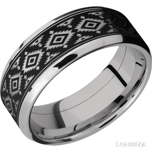 Lashbrook 8mm Beveled Cobalt Chrome Wedding Band — Aztec 2 Pattern