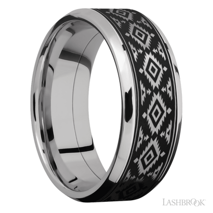 8 mm wide/Beveled/Cobalt Chrome band with one 6 mm Centered inlay of Tantalum with a laser carved Aztec 2 pattern.
