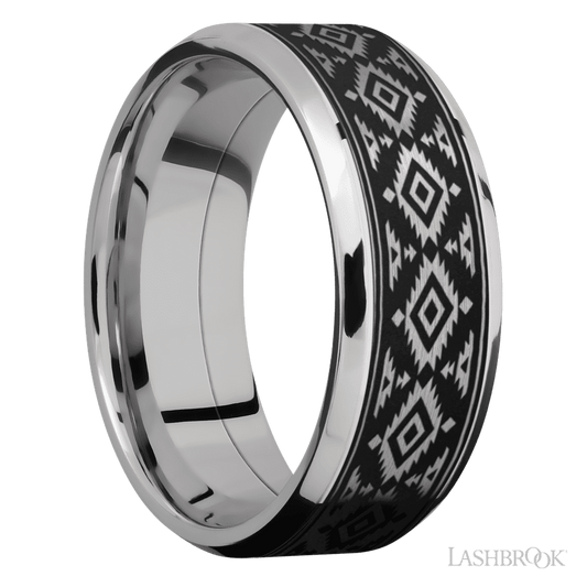 Lashbrook 8mm Beveled Cobalt Chrome Wedding Band — Aztec 2 Pattern