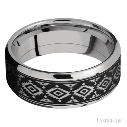 8 mm wide/Beveled/Cobalt Chrome band with one 6 mm Centered inlay of Tantalum with a laser carved Aztec 2 pattern.