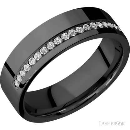 7 mm wide/Flat/Zirconium band with a Off Center Half Eternity arrangement of .015 carat Round Diamond stones in a Bead setting.
