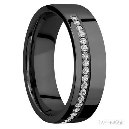 7 mm wide/Flat/Zirconium band with a Off Center Half Eternity arrangement of .015 carat Round Diamond stones in a Bead setting.