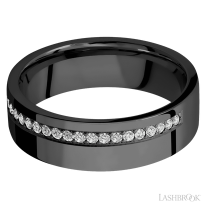 7 mm wide/Flat/Zirconium band with a Off Center Half Eternity arrangement of .015 carat Round Diamond stones in a Bead setting.