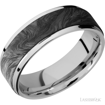 7 mm wide/Flat Grooved Edges/Cobalt Chrome band with one 5 mm Raised Centered inlay of Forged Carbon Fiber.
