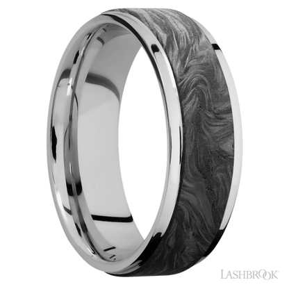 7 mm wide/Flat Grooved Edges/Cobalt Chrome band with one 5 mm Raised Centered inlay of Forged Carbon Fiber.