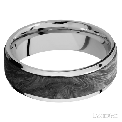 7 mm wide/Flat Grooved Edges/Cobalt Chrome band with one 5 mm Raised Centered inlay of Forged Carbon Fiber.