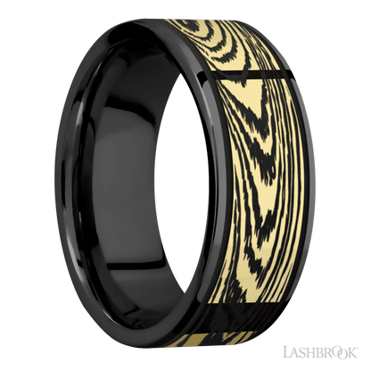 8 mm wide/Flat/Zirconium band with one 6 mm Centered inlay of 14K Yellow Gold with a laser carved Woodgrain pattern.