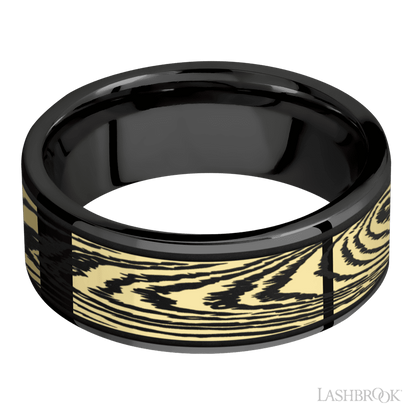 8 mm wide/Flat/Zirconium band with one 6 mm Centered inlay of 14K Yellow Gold with a laser carved Woodgrain pattern.