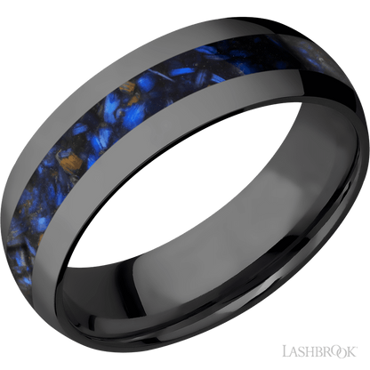 7 mm wide/Domed/Zirconium band with one 3 mm Centered inlay of Blue Tiger Eye.