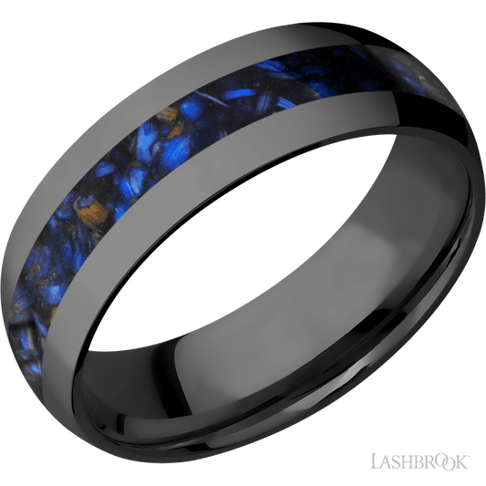 Lashbrook 7mm Domed Zirconium Wedding Band — Blue Tiger Eye Inlay