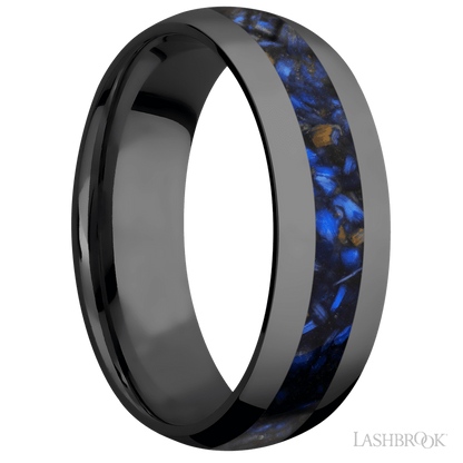 7 mm wide/Domed/Zirconium band with one 3 mm Centered inlay of Blue Tiger Eye.