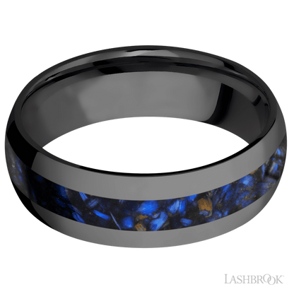 7 mm wide/Domed/Zirconium band with one 3 mm Centered inlay of Blue Tiger Eye.