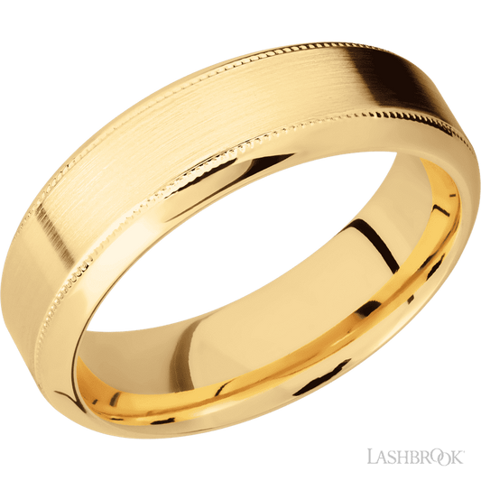 7 mm wide High Bevel Milgrain 14K Yellow Gold band.