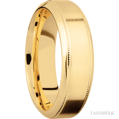 7 mm wide High Bevel Milgrain 14K Yellow Gold band.