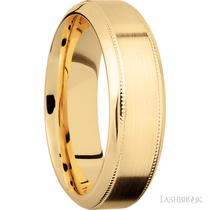 7 mm wide High Bevel Milgrain 14K Yellow Gold band.