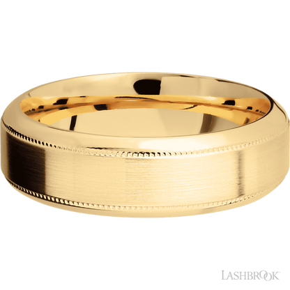 7 mm wide High Bevel Milgrain 14K Yellow Gold band.