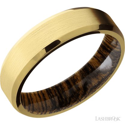 6 mm wide Beveled 18K Yellow Gold band featuring a Bocote sleeve.