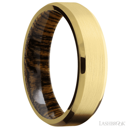 6 mm wide Beveled 18K Yellow Gold band featuring a Bocote sleeve.