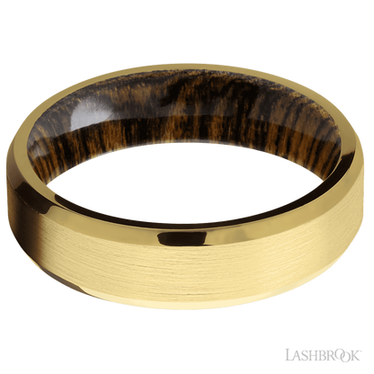 6 mm wide Beveled 18K Yellow Gold band featuring a Bocote sleeve.