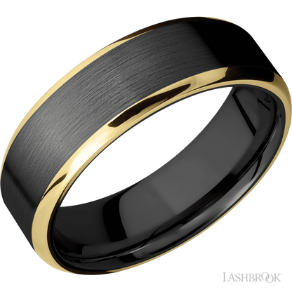 7 mm wide/Beveled/Zirconium band with two 1 mm Edge inlays of 14K Yellow Gold.