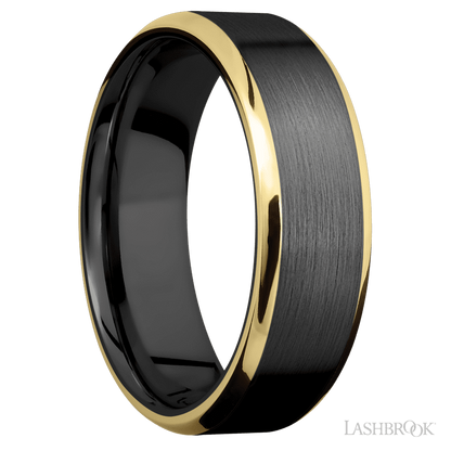 7 mm wide/Beveled/Zirconium band with two 1 mm Edge inlays of 14K Yellow Gold.
