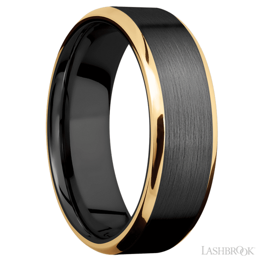 7 mm wide/Beveled/Zirconium band with two 1 mm Edge inlays of 14K Yellow Gold.