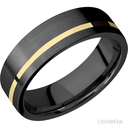 7 mm wide/Flat/Zirconium band with one 1 mm Off Center inlay of 14K Yellow Gold.