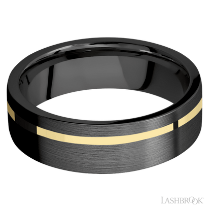 7 mm wide/Flat/Zirconium band with one 1 mm Off Center inlay of 14K Yellow Gold.