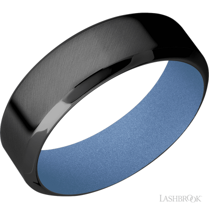 7 mm wide High Bevel Zirconium band featuring a Crushed Orchid sleeve.
