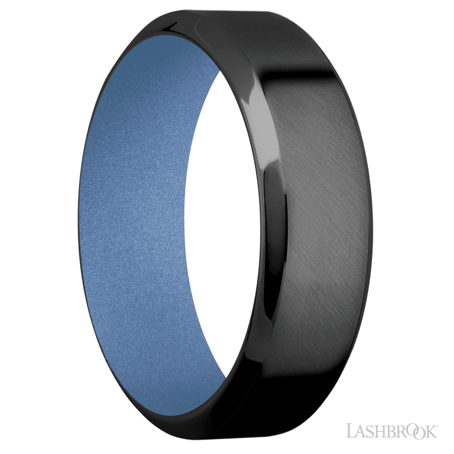 7 mm wide High Bevel Zirconium band featuring a Crushed Orchid sleeve.