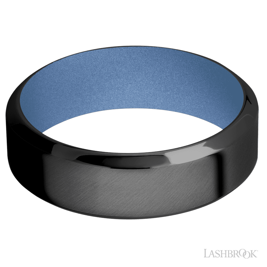7 mm wide High Bevel Zirconium band featuring a Crushed Orchid sleeve.