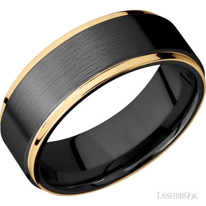 8 mm wide/Flat Grooved Edges/Zirconium band with two 1 mm Edge inlays of 14K Yellow Gold.