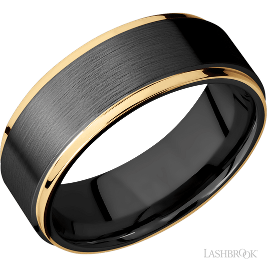 8 mm wide/Flat Grooved Edges/Zirconium band with two 1 mm Edge inlays of 14K Yellow Gold.