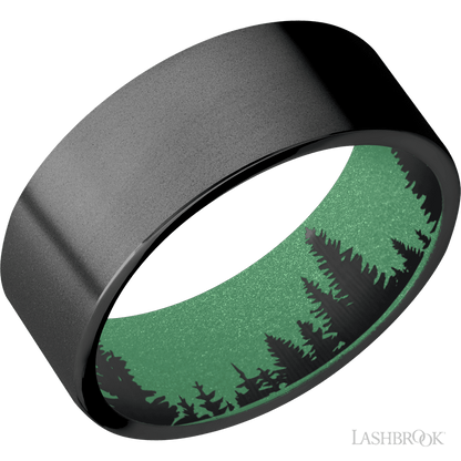 8 mm wide Flat Zirconium band featuring a Squatch sleeve.