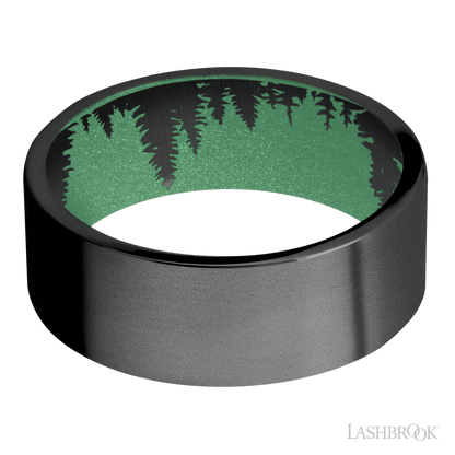 8 mm wide Flat Zirconium band featuring a Squatch sleeve.