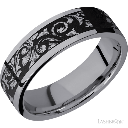 7 mm wide/Flat/Tantalum band with a laser carved Western Scroll pattern.