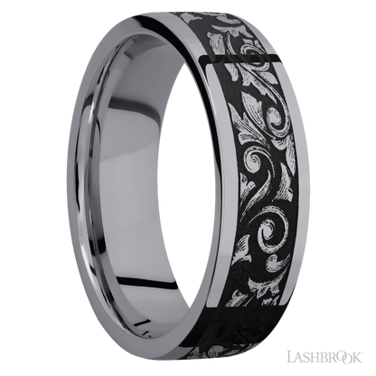 7 mm wide/Flat/Tantalum band with a laser carved Western Scroll pattern.