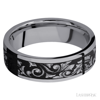 7 mm wide/Flat/Tantalum band with a laser carved Western Scroll pattern.