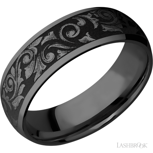 Lashbrook 7mm Domed Zirconium Wedding Band — Western Scroll Pattern — Z7D/LCVWESTERNSCROLL/A