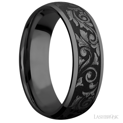7 mm wide/Domed/Zirconium band with a laser carved Western Scroll pattern.