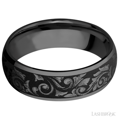 7 mm wide/Domed/Zirconium band with a laser carved Western Scroll pattern.