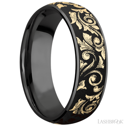 7 mm wide/Domed/Zirconium band with one 6 mm Centered inlay of 14K Yellow Gold with a laser carved Western Scroll pattern.