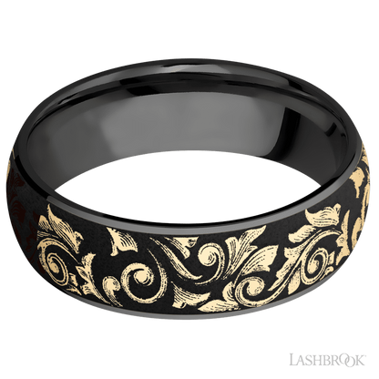 7 mm wide/Domed/Zirconium band with one 6 mm Centered inlay of 14K Yellow Gold with a laser carved Western Scroll pattern.