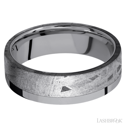 7 mm wide/Flat/Tantalum band with one 5 mm Off Center Edge inlay of Meteorite.